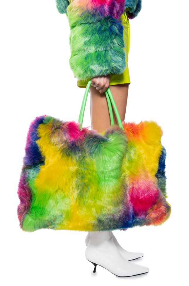 Front View Yeti Large Faux Fur Tote In Multi