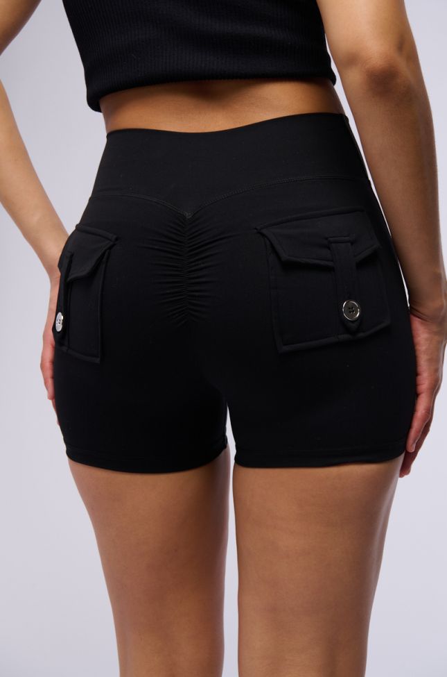 Extra View Yoga Cross Front Ruched Biker Short In Black