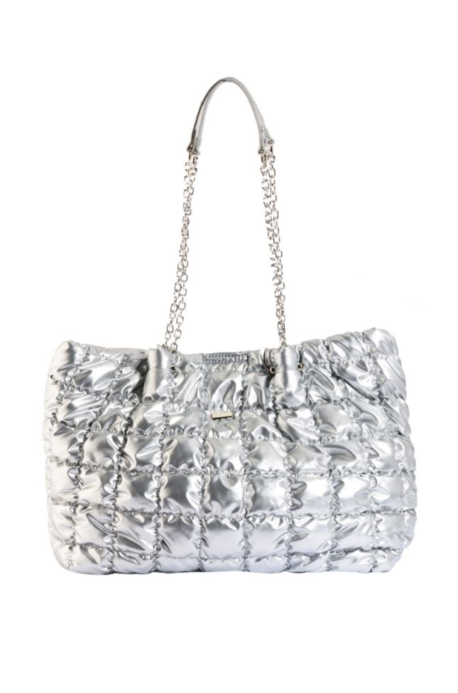 YONA QUILTED PUFFER TOTE BAG IN SILVER