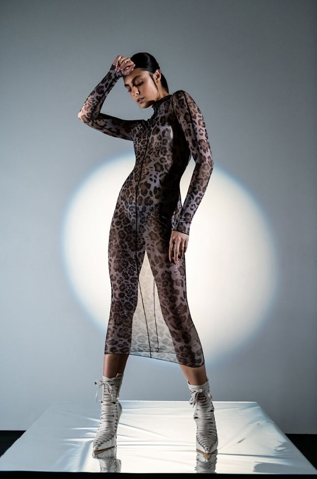 Front View You Know What It Is Leopard Mesh Midi Dress