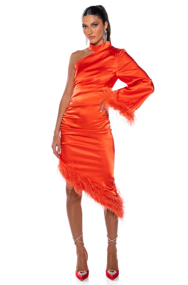 Front View You Love It Feather Trim Satin Midi Dress