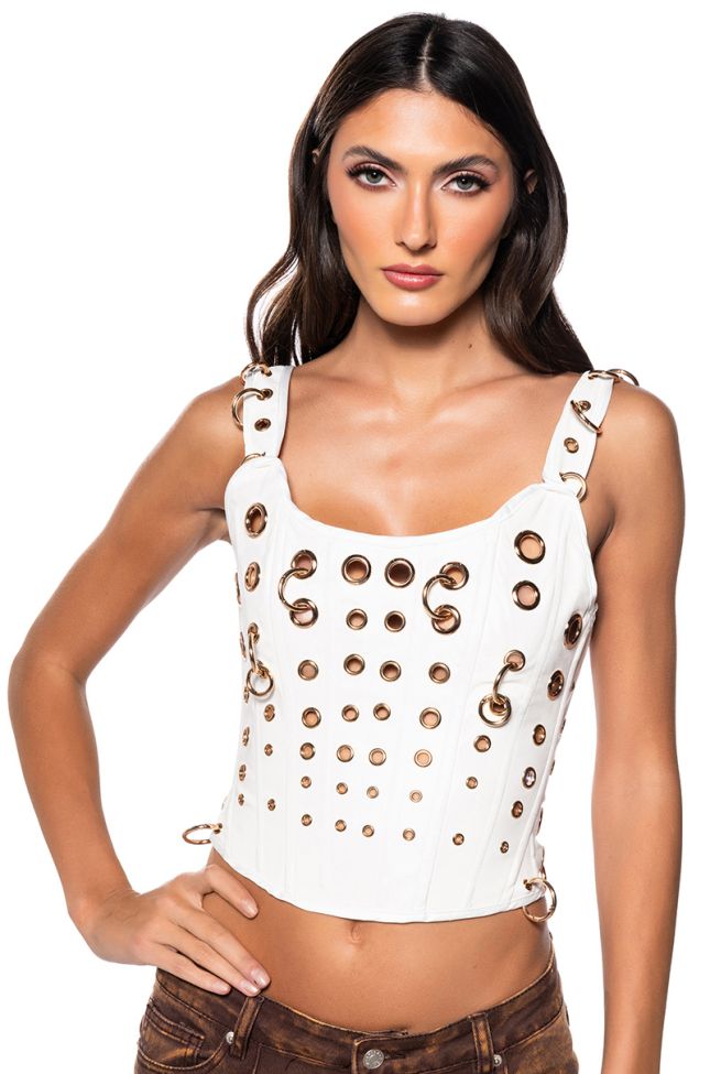 Front View Young And Reckless Faux Leather Corset Top In White Pu