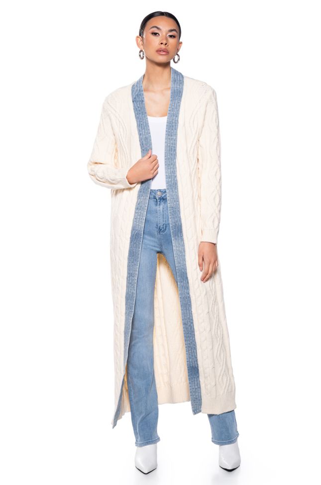 Front View Zhara Long Knit Denim Trim Trench