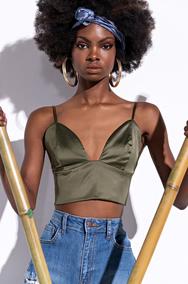 Front View Zizi Stretch Satin Top in Olive