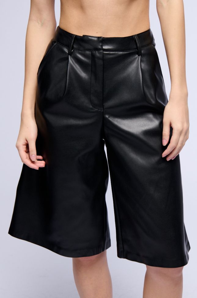 Back View Zoe Long Faux Leather Shorts In Black