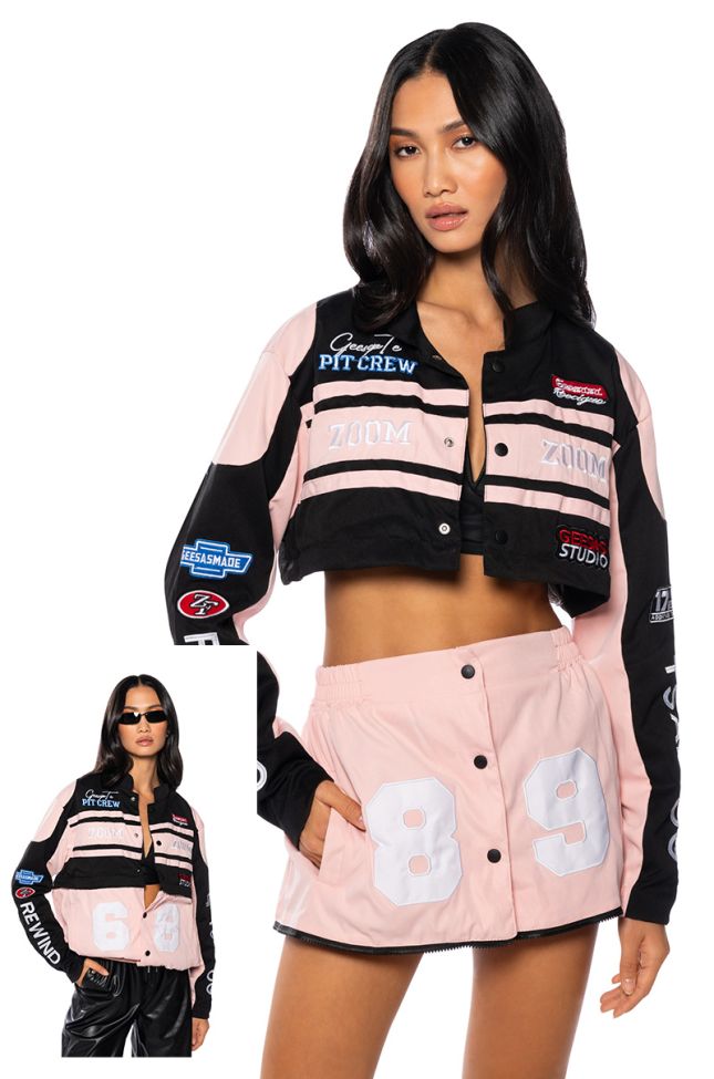 Detail View Zoom Zoom Two In One Bomber Skirt Set In Pink