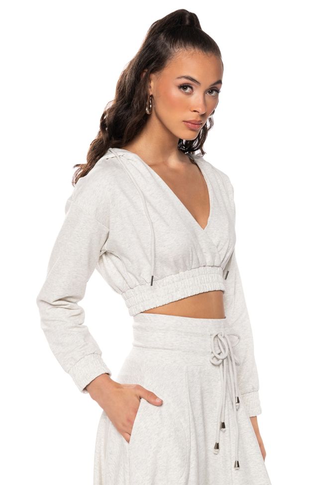 Front View Zumi Cropped Wrap Front Hoodie In Heather Grey