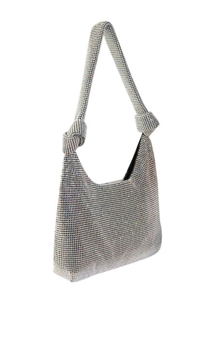 ACTING UP KNOTTED RHINESTONE SHOULDER BAG IN SILVER