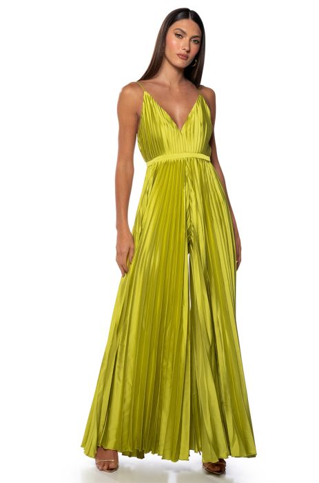 AINT SHE SWEET PLEATED SATIN JUMPSUIT IN LIME