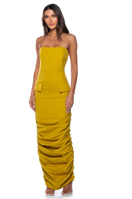 ASH STRAPLESS CARGO MAXI DRESS IN YELLOW