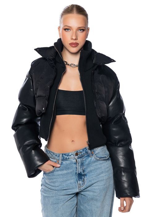 FEELING PETTY ULTRA PUFFER WITH RIBBED KNIT TRIM in BLACK