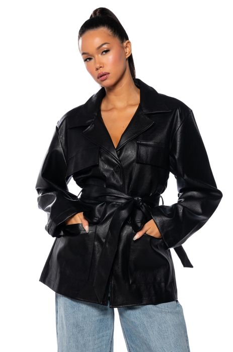 HIGHER LOVE TIE FRONT FAUX LEATHER JACKET IN BLACK