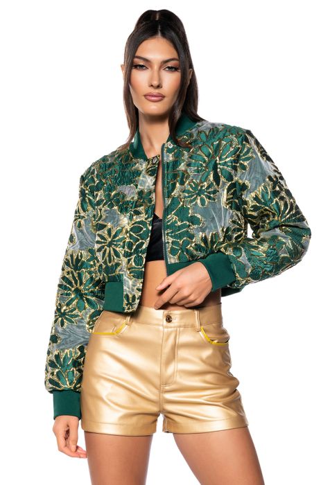 HOLIDAY TAPESTRY BOMBER WITH SHEER BROCADE