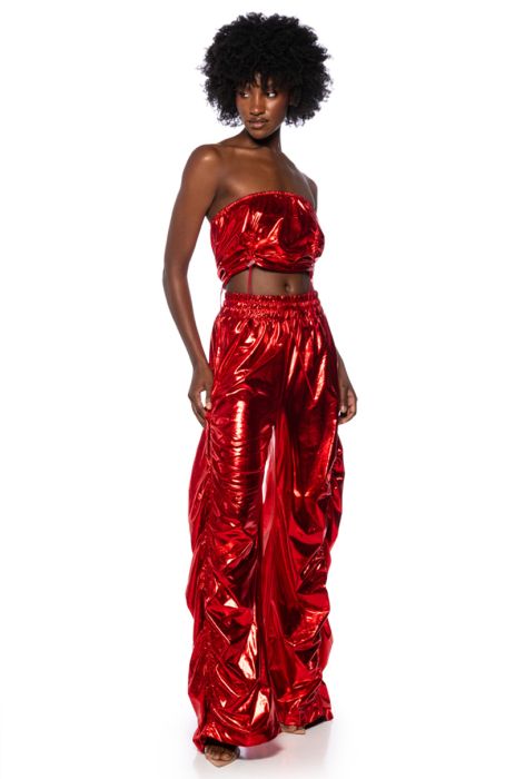 KEEP BREATHIN METALLIC TUBE TOP AND RUCHED PANT SET in red