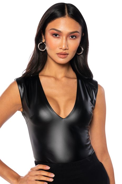 NAUGHTY BUT NICE FAUX LEATHER SLEEVELESS PLUNGE BODYSUIT in black