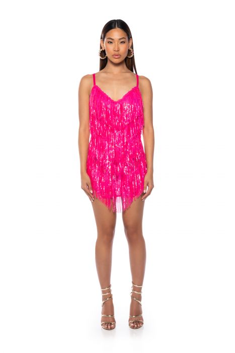 Just Ask Me Pink Sequin Fringe Tank Mini Dress