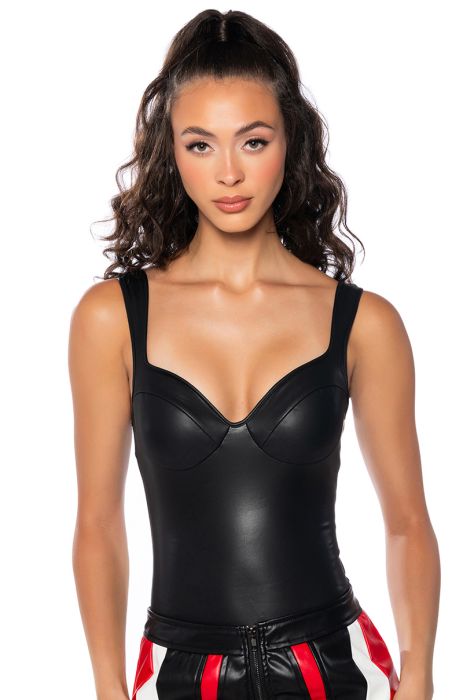NEVER LACKING FAUX LEATHER BODYSUIT IN BLACK, 51% OFF