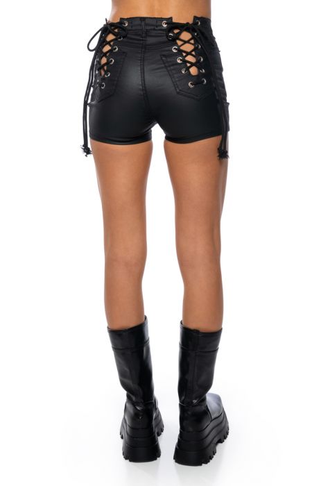ON-DUTY FAUX LEATHER LACE UP SHORTS WITH 4 WAY