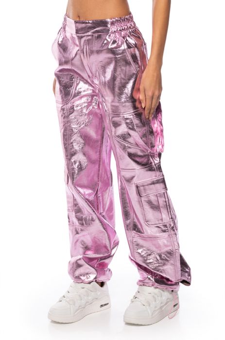 OUT OF THIS WORLD METALLIC CARGO PANTS IN PINK