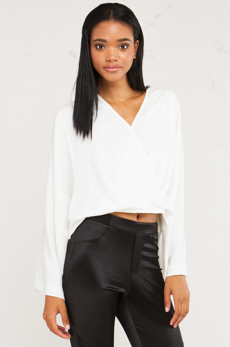 Bell Sleeve Top with Deep V Neckline and Wrap Front Detailing in Off ...
