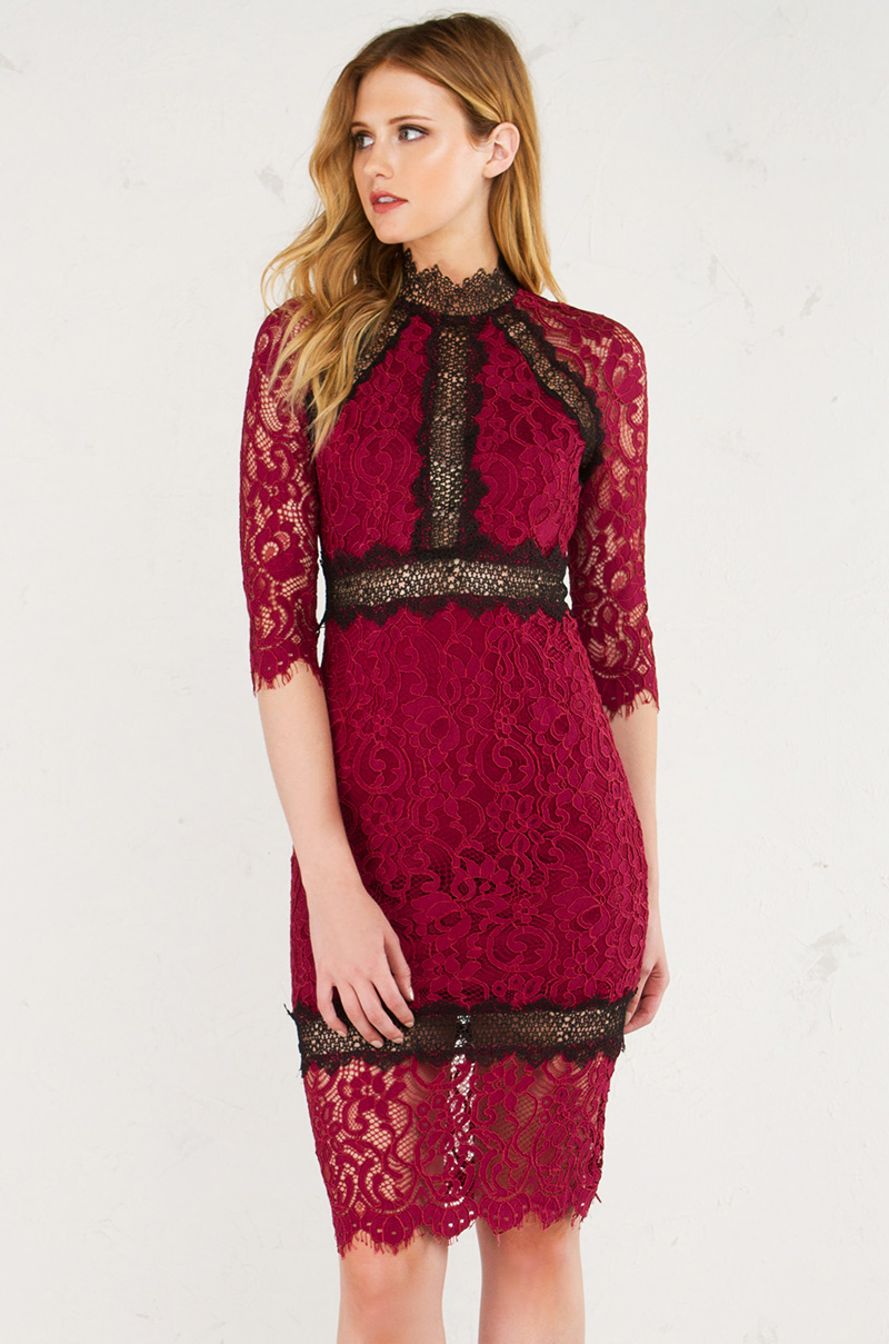 Midi lace dress with three-quarter sleeve length in Burgundy Black