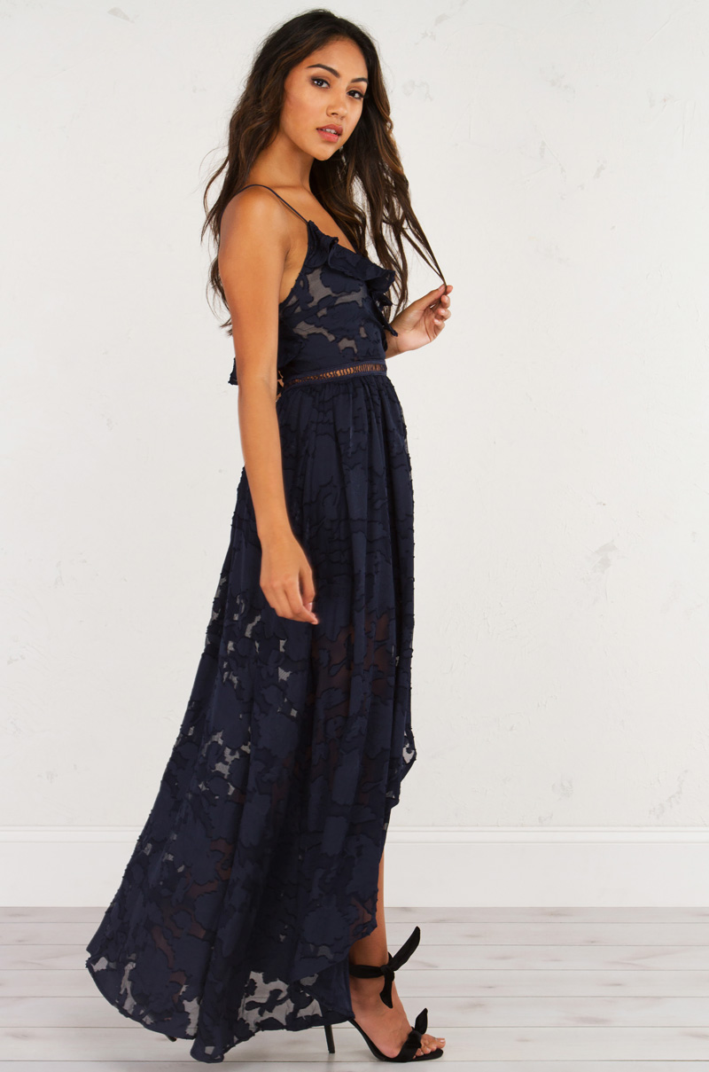 V-Neck Lace High Low in Navy
