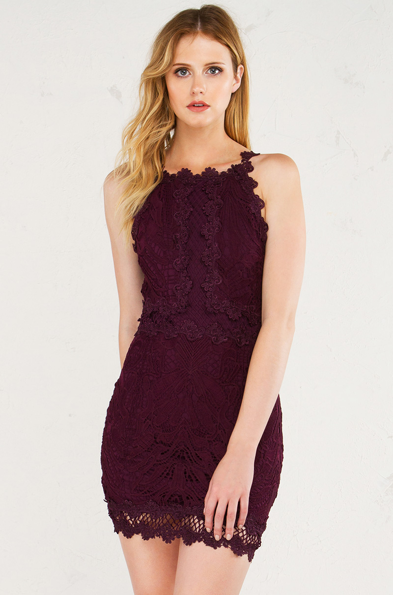 Lace Embroidered Mini Dress in Burgundy