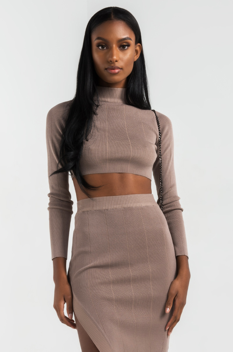 AKIRA Mock Neck Long Sleeve Knitted Crop Sweater in Taupe