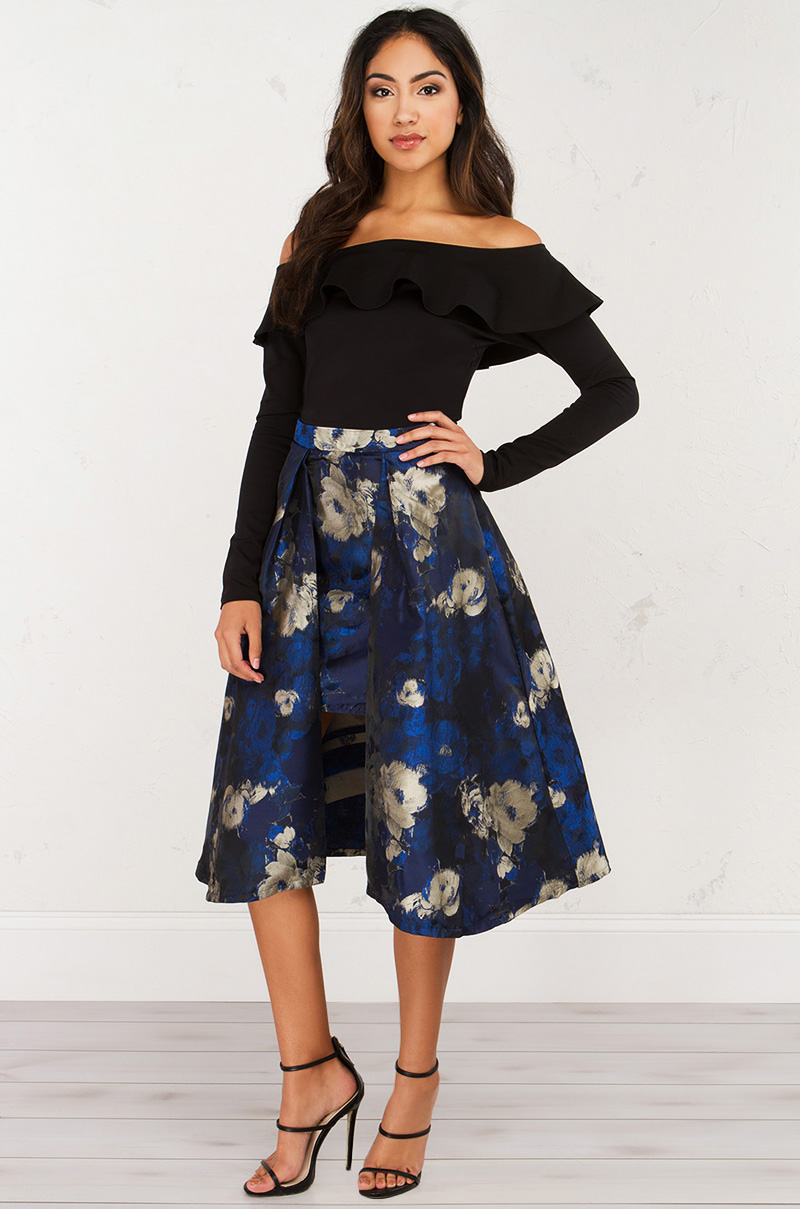 Floral Print Overlay Skirt in Navy