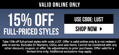 15% off full-priced styles with code LUST. Excludes Dr Martens, Uggs, and sale items. Valid online only.