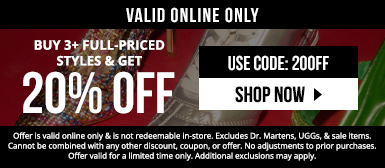 Buy 3+ full-priced styles and get 20% off with code 20OFF. Excludes Dr Martens, Uggs, and sale items. Valid online only.