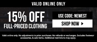 15% off full-priced clothing with code NEWEST. Excludes footwear, accessories, and sale items. Valid online only.